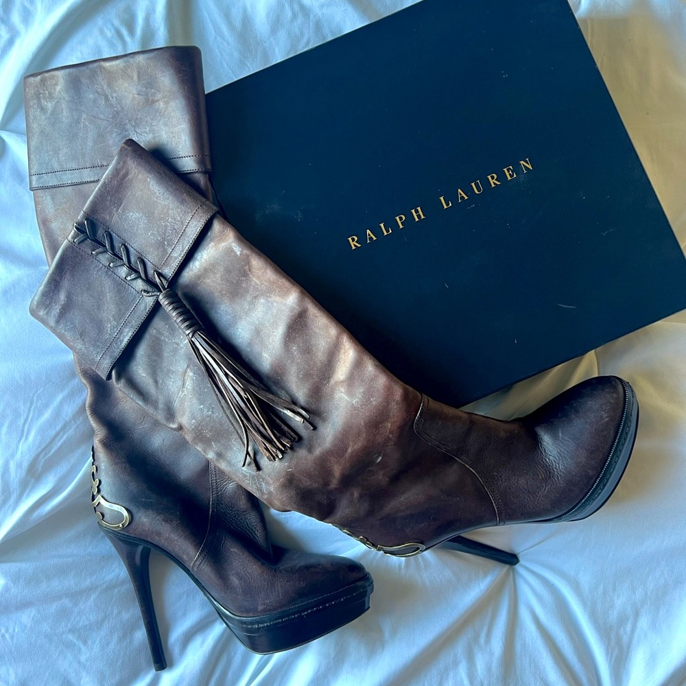 Ralph Lauren Collection brown leather knee high boots